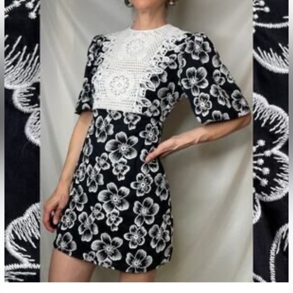 Zara Black and Cream Floral Dress with Crochet details on front - Picture 12 of 12